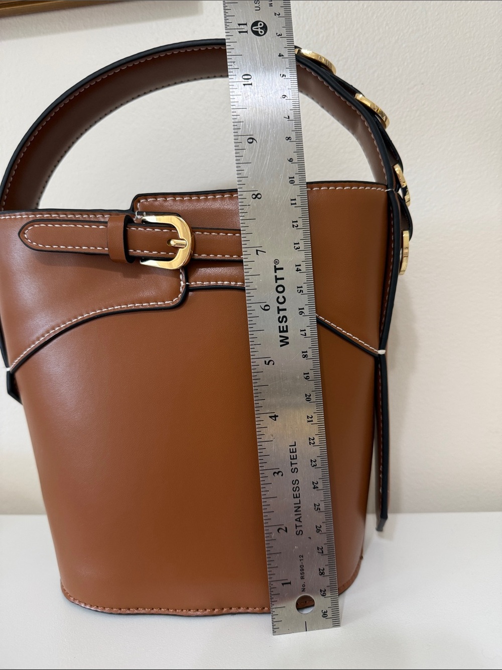 Structured Brown Leather Bucket Bag with Buckle Detail - Picture 9 of 11